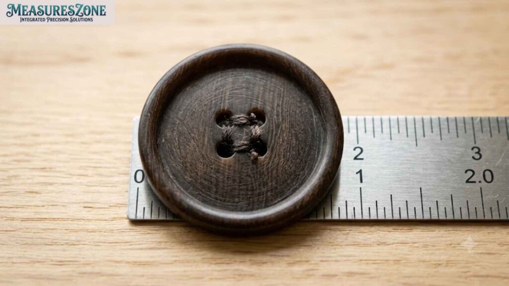 A large dark brown button resting next to a metal ruler on a wooden surface.