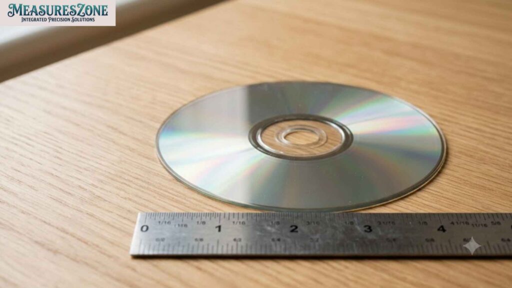 5-inch ruler measuring a shiny compact disc.