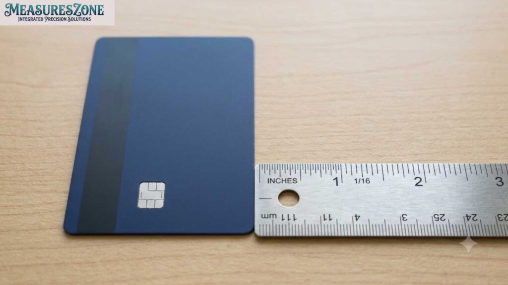 A blank blue chip card beside a ruler showing a 2 inch measurement on a wooden surface.