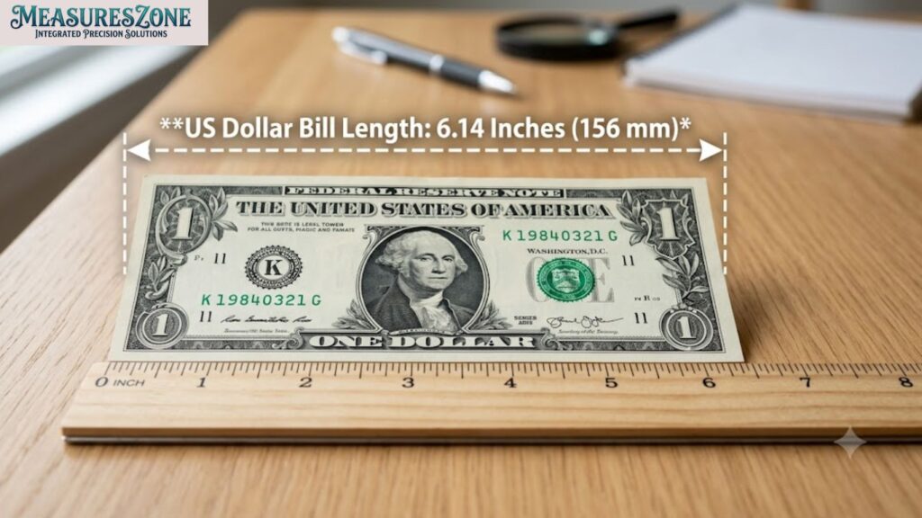 A US dollar bill measured on a wooden desk.