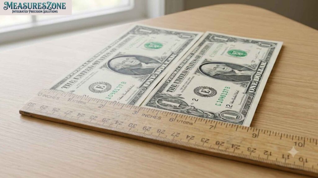 Two dollar bills beside a ruler.