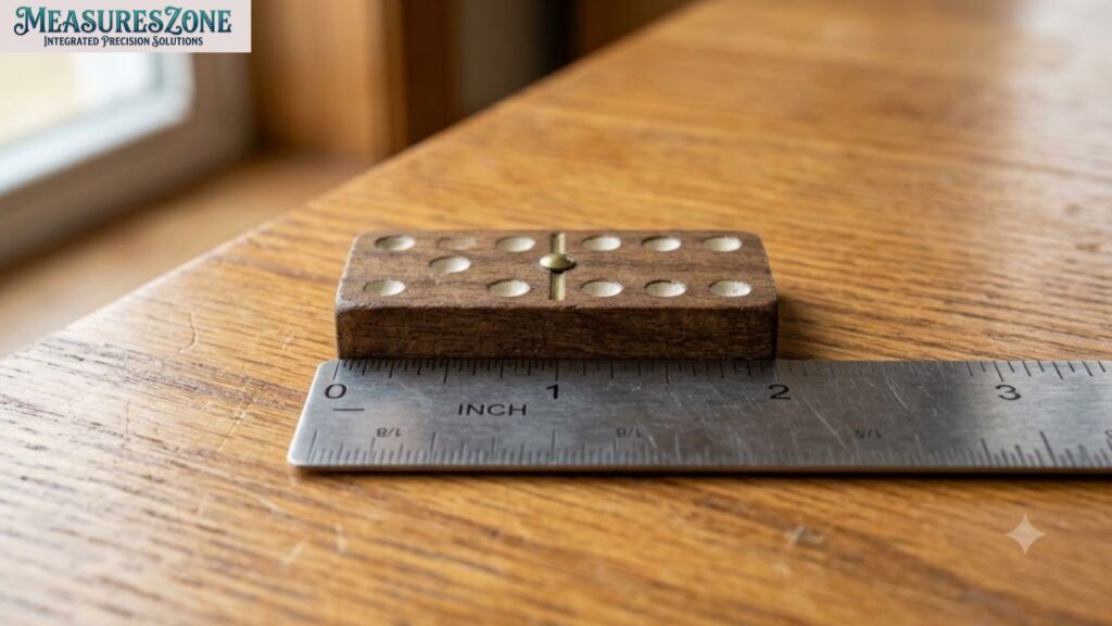 Wooden domino beside a metal ruler. Measures almost two inches long.