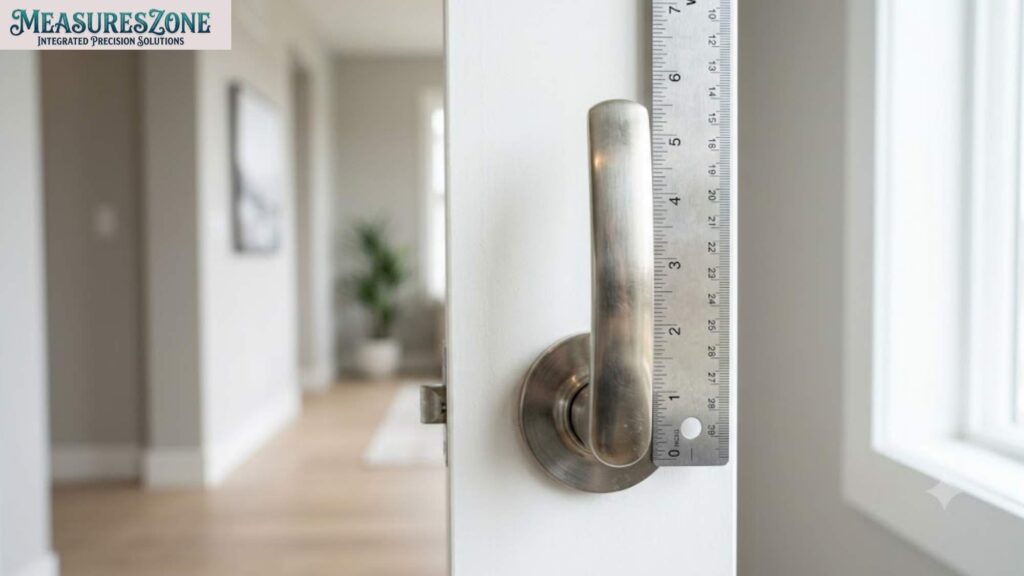 Silver door lever handle on a white door edge.