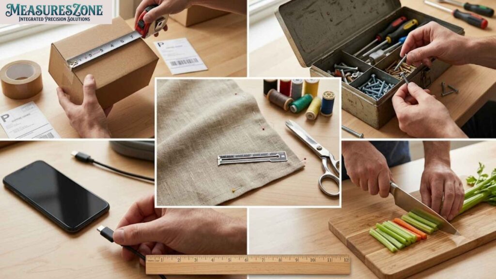 Collage of six photos showing everyday tasks on a wooden desk