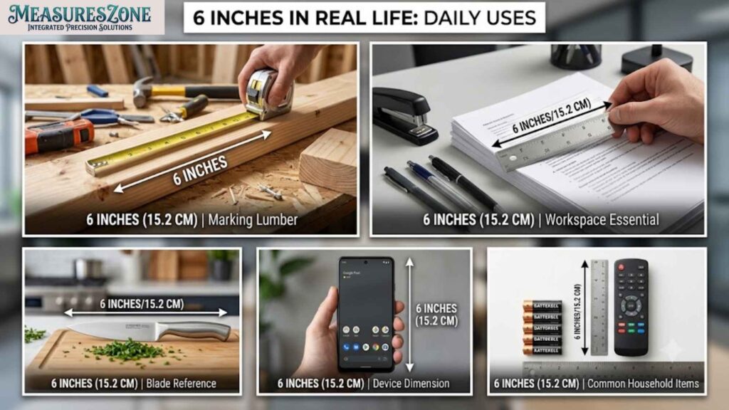 A composite infographic demonstrating daily uses of the six-inch measurement.