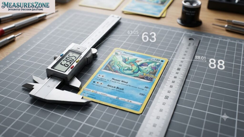 Digital calliper measuring Pokémon card on gridded mat.