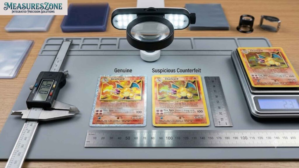 Genuine and counterfeit cards compared under a magnifying lamp.