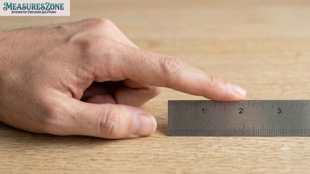 Index finger on a ruler at the 2-inch mark.