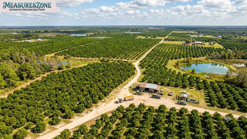 Sprawling aerial view of a citrus farm.