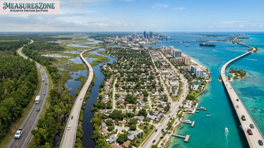 Aerial panorama: forest, town, city, and a long ocean bridge.