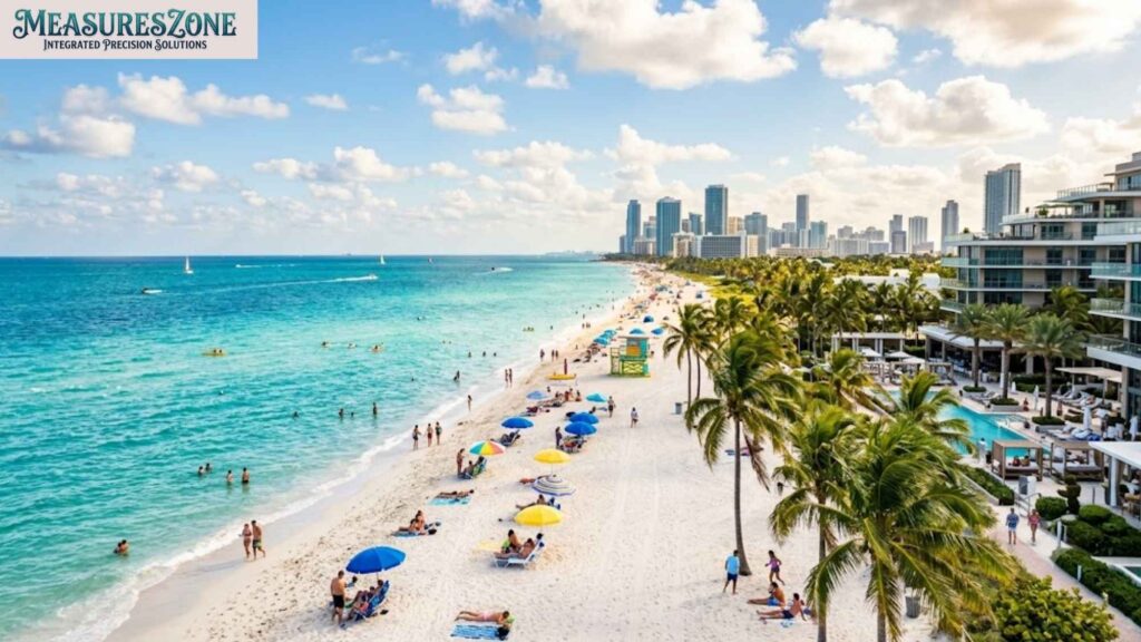 Aerial view of a busy tropical beach with turquoise water, a city skyline, and a luxury resort.