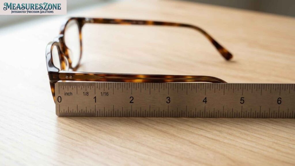 Ruler measures the length of a tortoise-shell eyeglasses temple arm as 5 inches.
