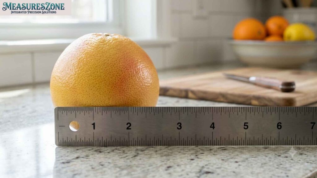 Grapefruit measured by a metal ruler showing a 3-inch diameter.
