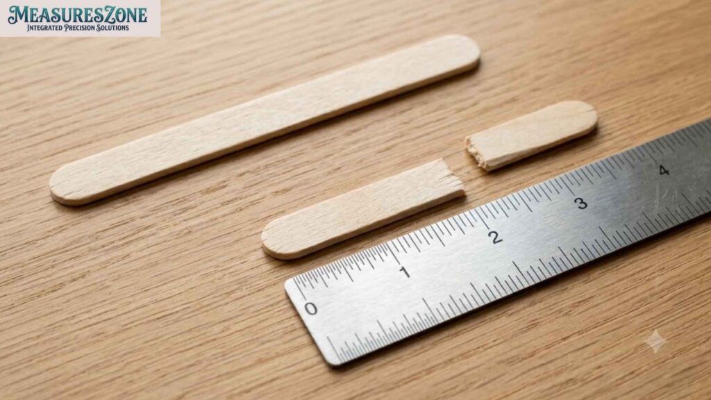 Metal ruler next to whole and broken wooden craft sticks.