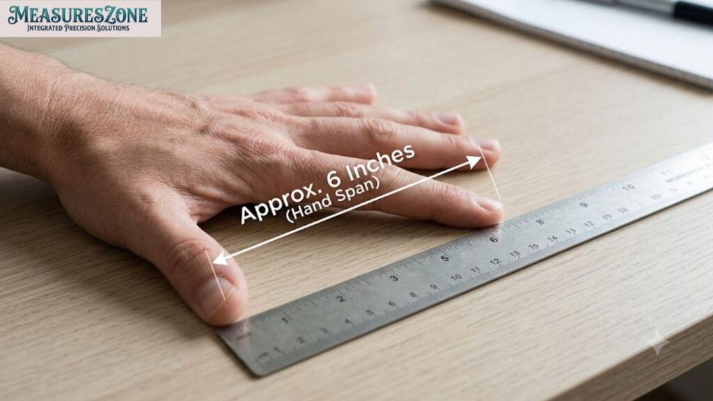 6 inches measurement using a man's hand span next to a metal ruler