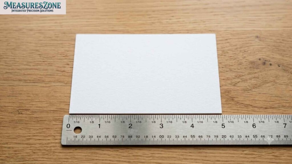 5-inch ruler measuring a blank white card.
