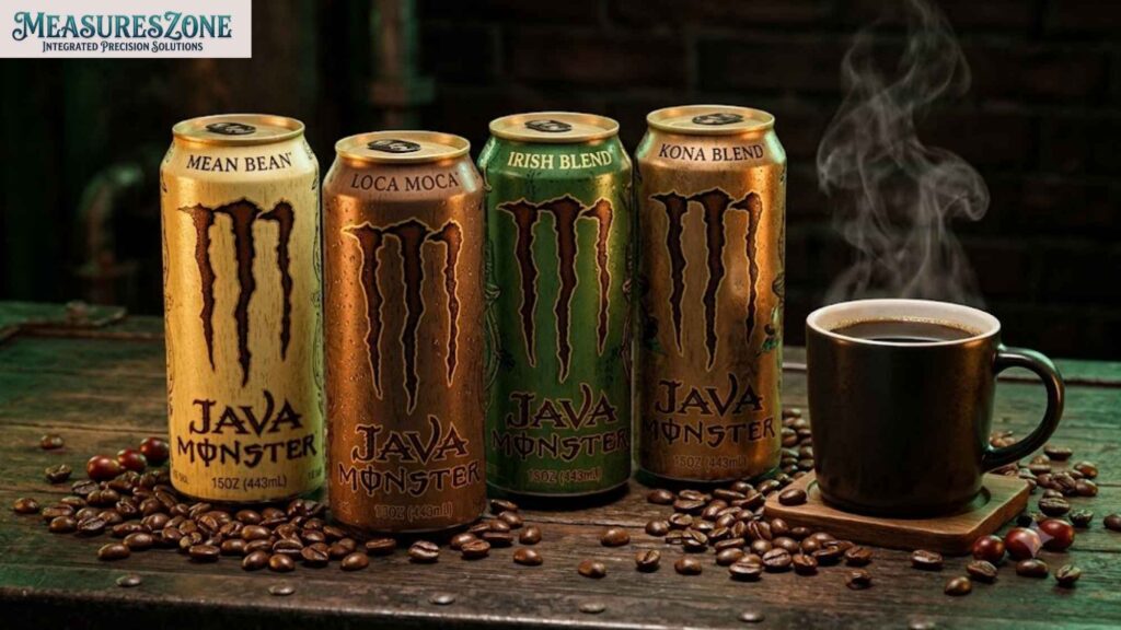 Four Java Monster cans lined up With steaming coffee and beans.