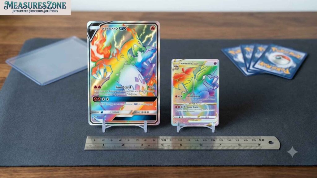 Large Pokémon card beside a standard card and ruler