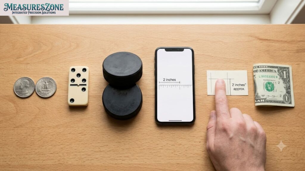 Items on a wood table for a 2-inch reference.