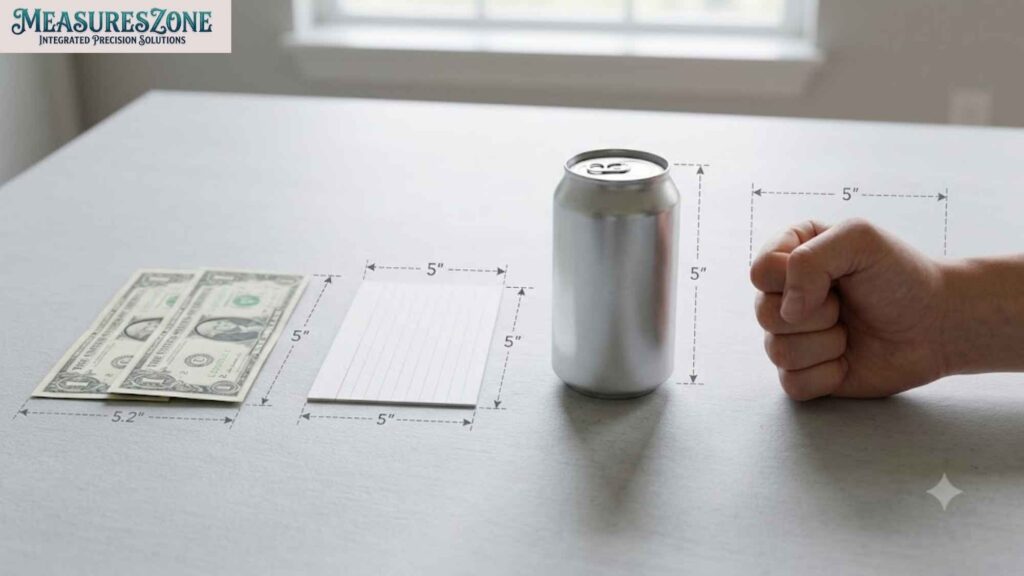 Dollar bills, index card, soda can, and fist compared to 5 inches.