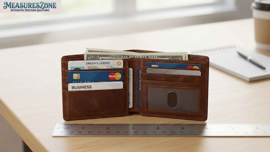 Open brown wallet with money and cards on a wooden desk next to a ruler.