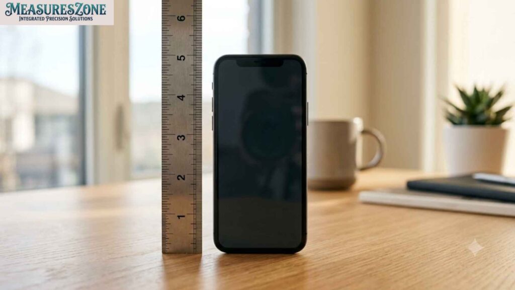 Smartphone beside ruler on desk.