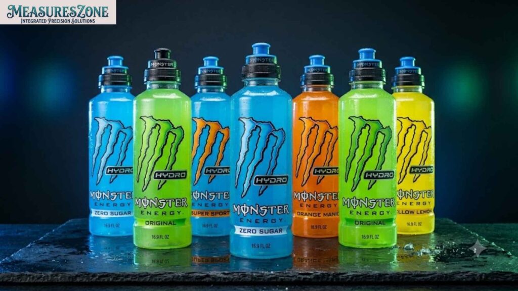 Seven bottles of Monster Hydro in various flavours. Displayed on a dark slate surface with colourful lighting.