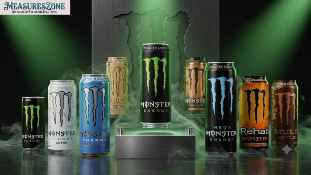 Display of various energy drink cans with a classic green and black can in the centre.