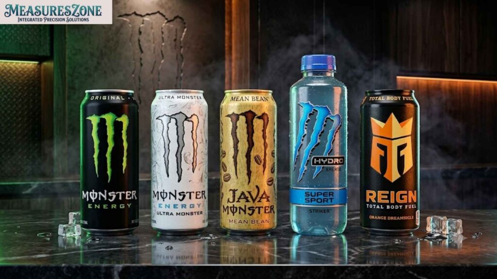Lineup of five assorted Monster Energy and Reign drinks on a marble counter. Shows various cans and a plastic bottle with ice and condensation.