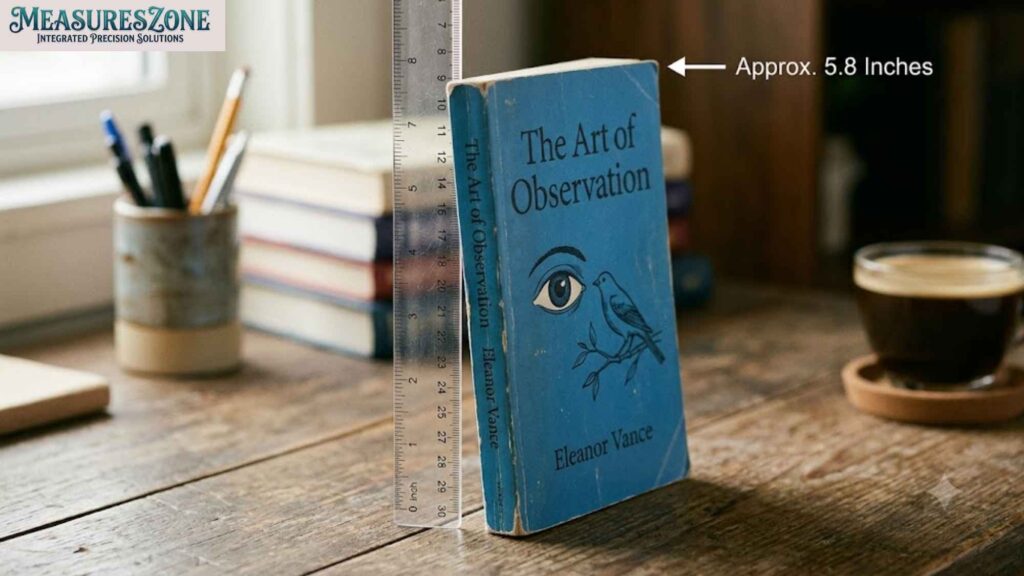 Book next to ruler. Height is 5.8 inches.