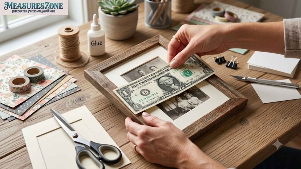 A person positions a US dollar bill inside a wooden picture frame on a craft table.
