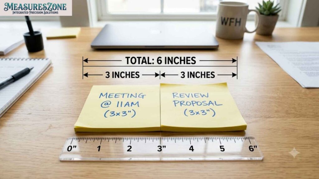 Two 3-inch sticky notes measured by a ruler to total 6 inches on a desk.