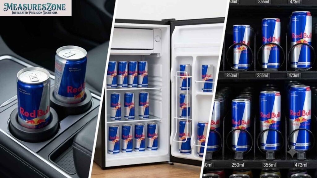 Red Bull can measured beside a stocked fridge and vending machine.