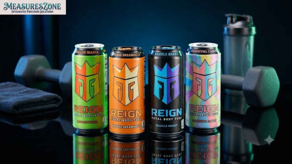 Four Reign energy drink cans. Dumbbell and shaker in background.