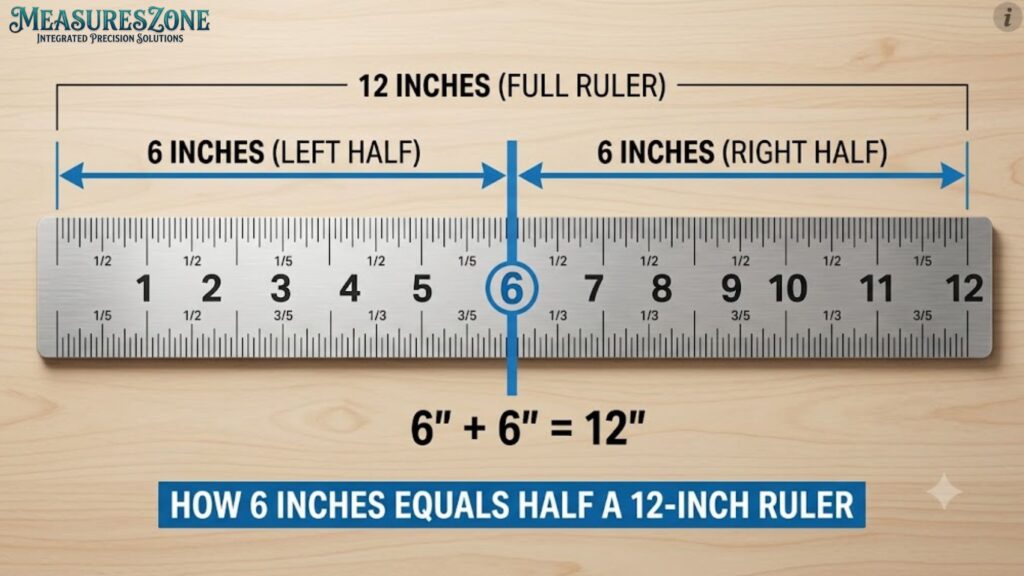 A 12-inch metal ruler diagram divided by a blue line at the 6-inch mark.