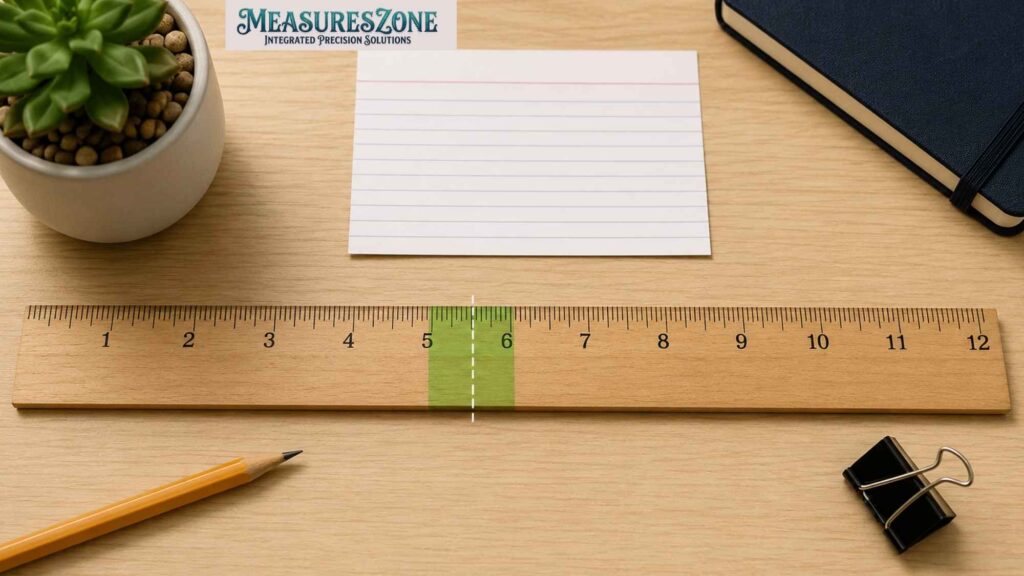 Standard 12-inch ruler with the 5–6 inch midpoint highlighted beside everyday objects.