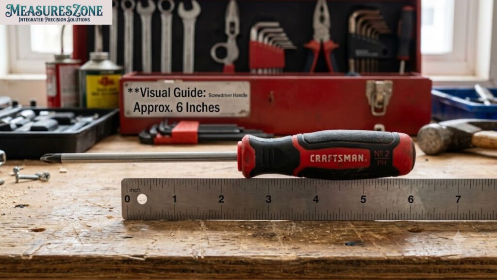 Craftsman screwdriver measured by a ruler on a workbench.