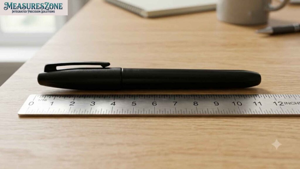 A black pen lying next to a metal ruler on a wooden surface.