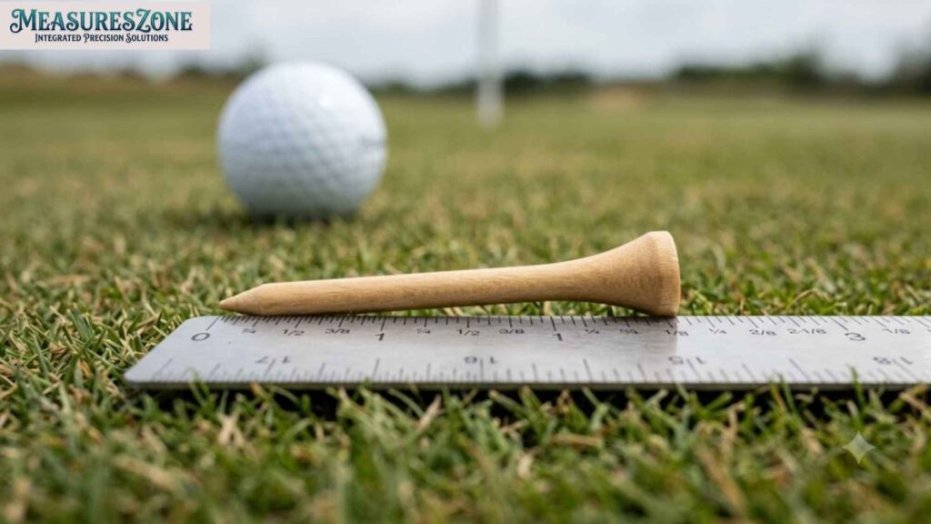 Wooden golf tee on metal ruler on grass.