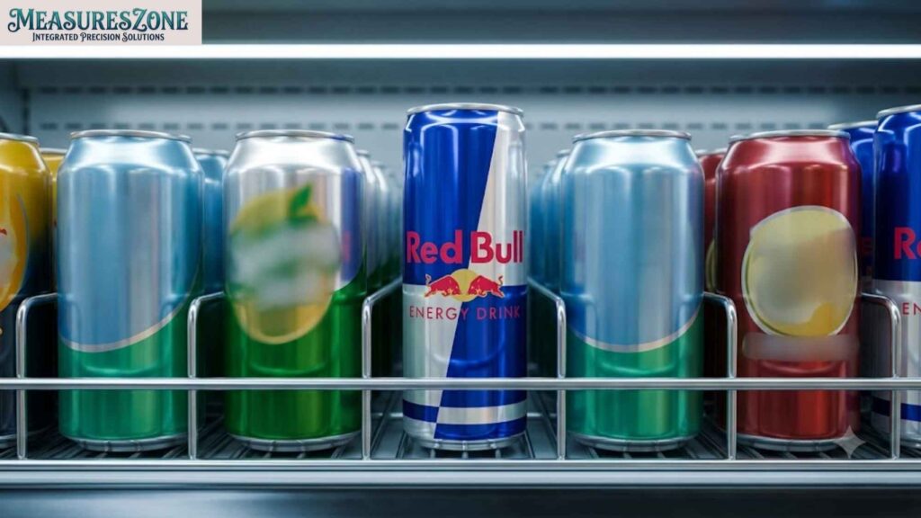 A central Red Bull can in a refrigerator row of colourful generic drinks.