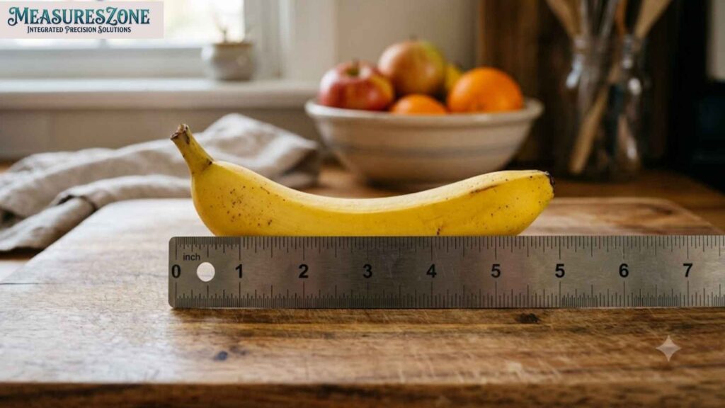 A banana lying on a metal ruler.