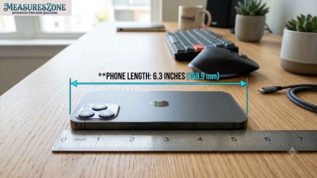 A gray smartphone measured on a wooden desk.