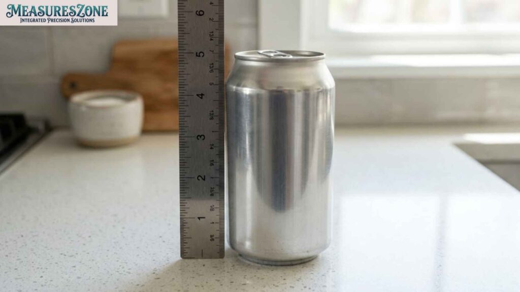 A metal ruler measuring a silver aluminium can on a kitchen counter.