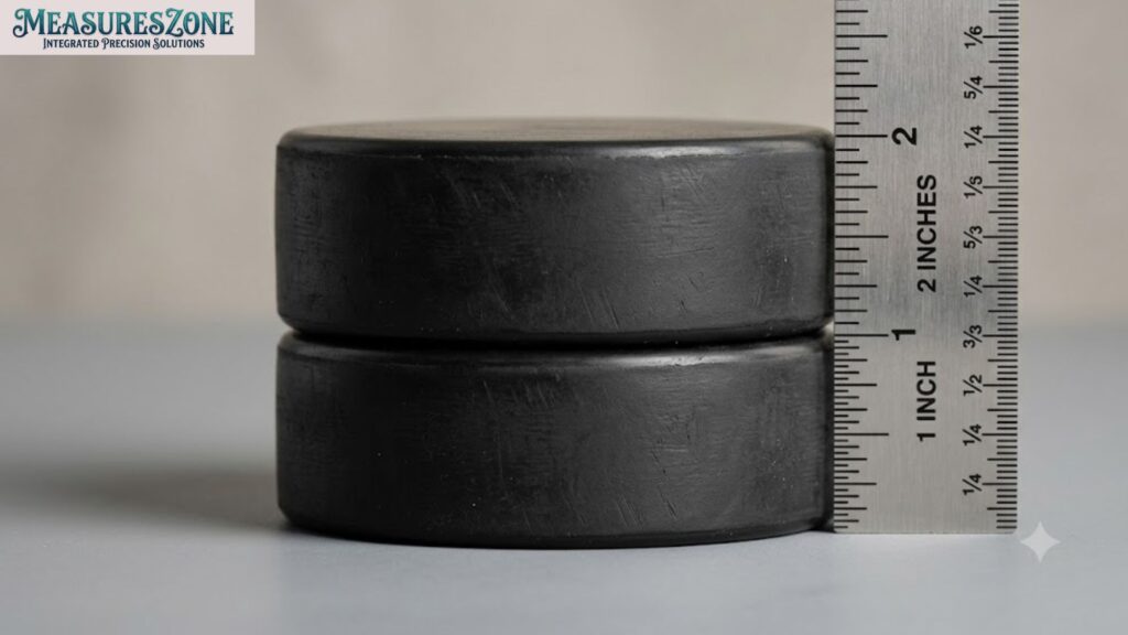 Two black hockey pucks stacked next to a vertical metal ruler.