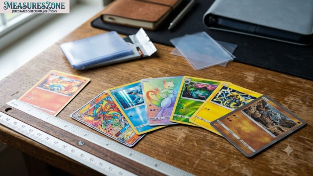 Seven cards fanned out on a wooden desk next to a white ruler.