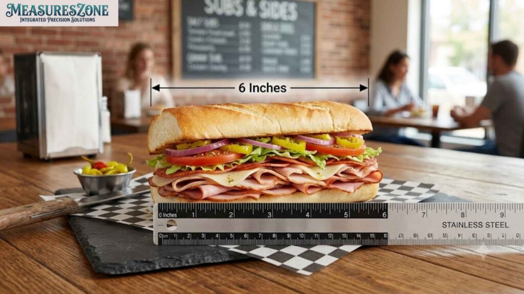 A stacked submarine sandwich measured by a ruler.