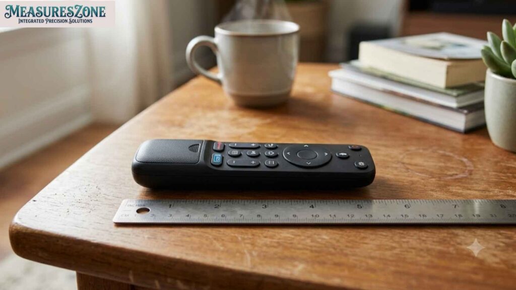 6 inches TV remote next to a metal ruler on a wooden table.