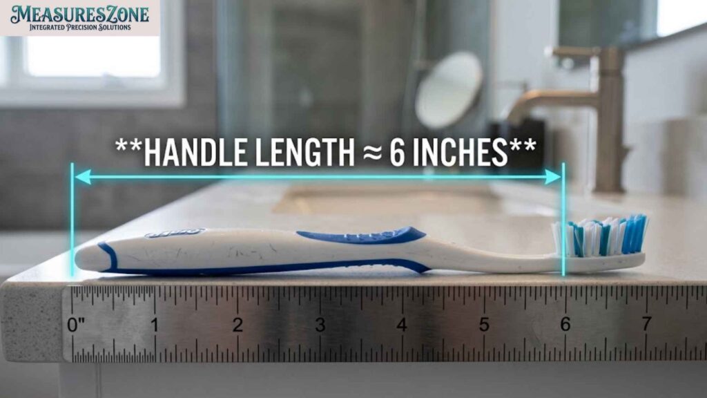 A toothbrush lying on a ruler in a bathroom.