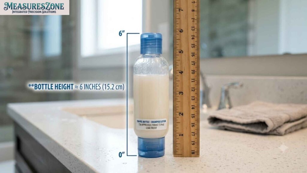 6 inches travel bottle beside a wooden ruler.