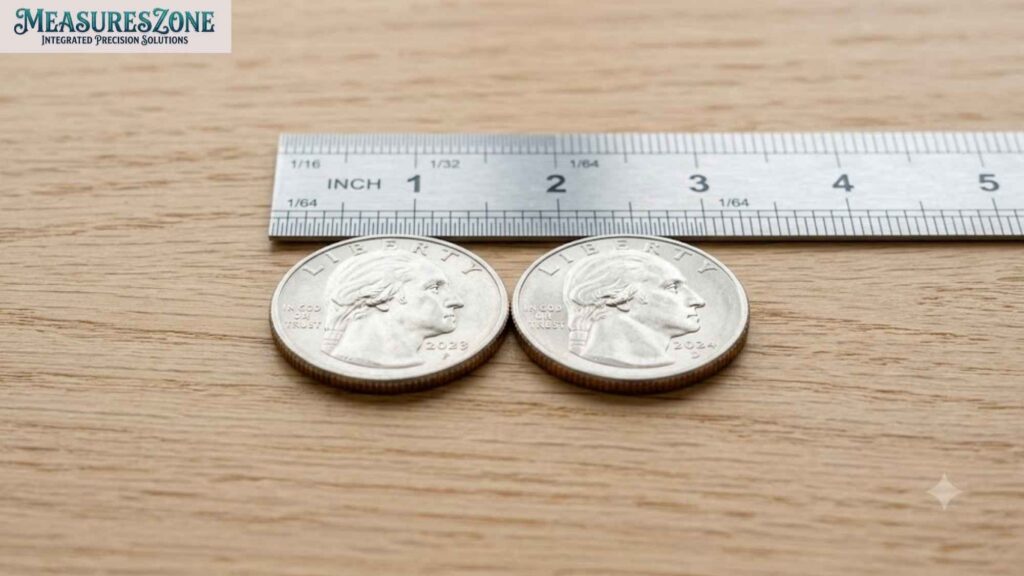 Two US quarters on wood. Ruler measures 2 inches.
